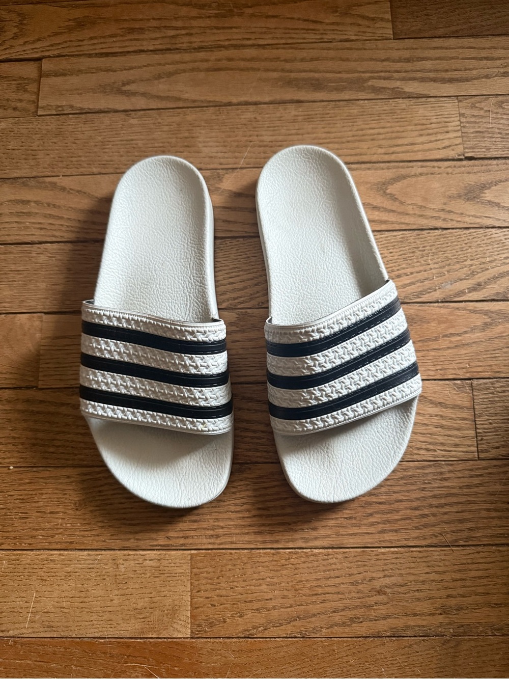 adidas White Slides with Black Three-Stripe Strap